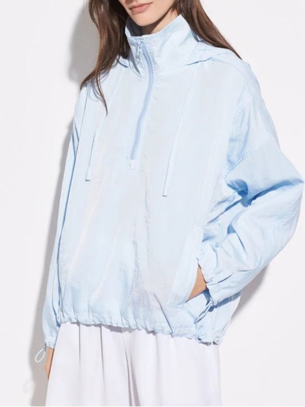 VINCE Half-Zip Hooded Windbreaker in Sea Breeze Funnel Neck